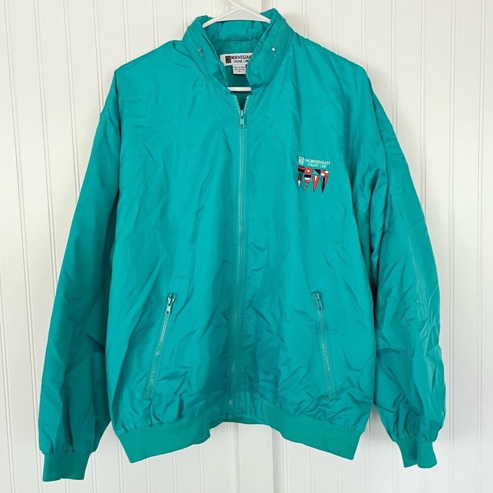 Vintage Teal Nylon Jacket Windbreaker Satin Bomber Norwegian Cruise Line Small
